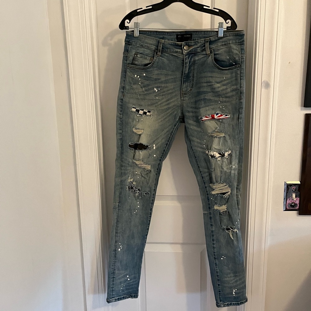 Hyper Denim Indigo‎ Patch Stretch Ripped Jeans